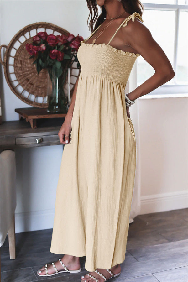 Color High Waist Linen Blend Suspender Pleated Jumpsuit