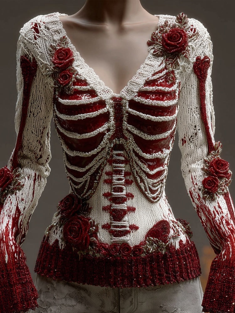 Comstylish Vintage Skeleton Bloody Roses V Neck Knit Sweater