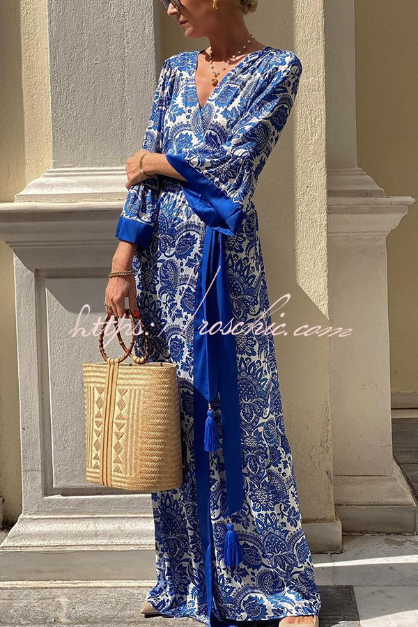 Greek Island Satin Unique Print Tassel Belted Wrap Maxi Dress