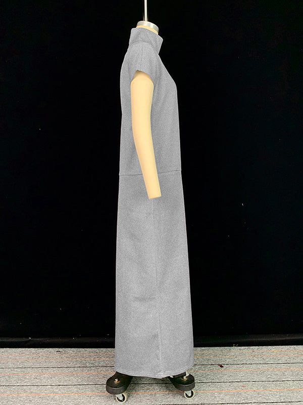 Loose Short Sleeves Color Split-joint High Neck Maxi Dresses