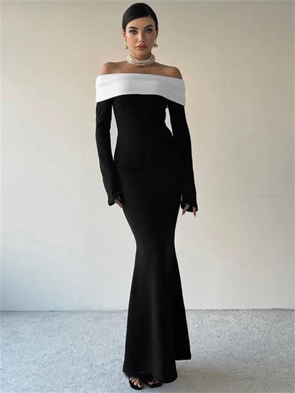 Off-shoulder Patchwork Slim Maxi Dress for Long Sleeve High Waist Backless Party Dress Female Autumn Outfit