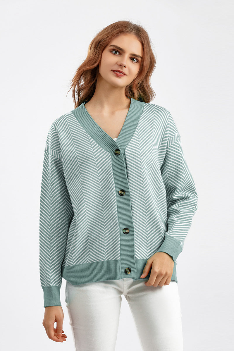 Striped V-neck Buttoned Knit Sweater