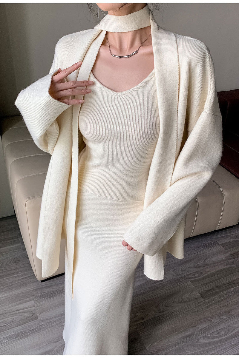 Ribbed High-end Knit Cardigan Tank Wide-leg Pants Three Piece Set