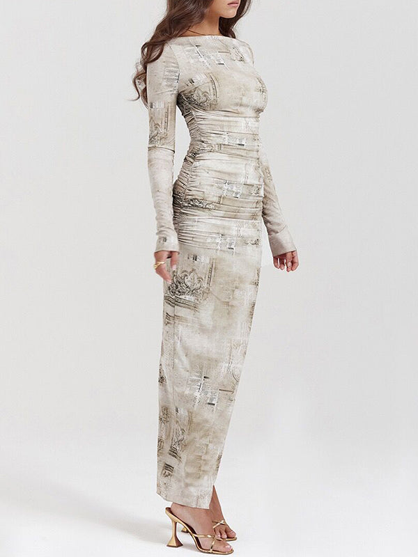 Long Sleeves Skinny Printed Split-back Split-joint Round-neck Evening Dresses Maxi Dresses