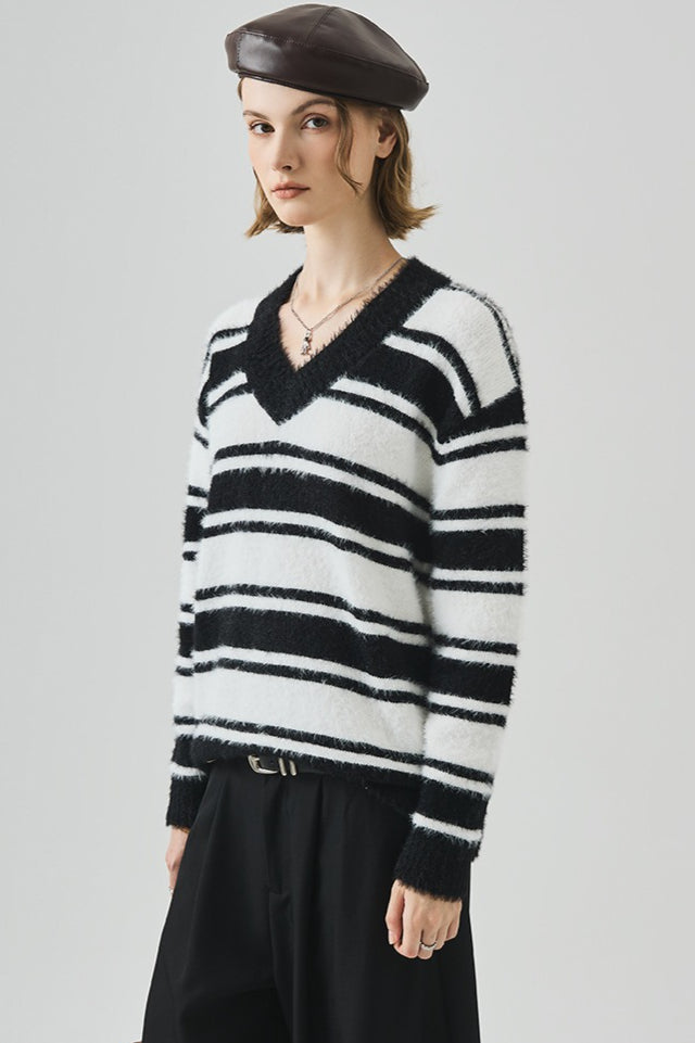 Oversized Striped V-neck Sweater