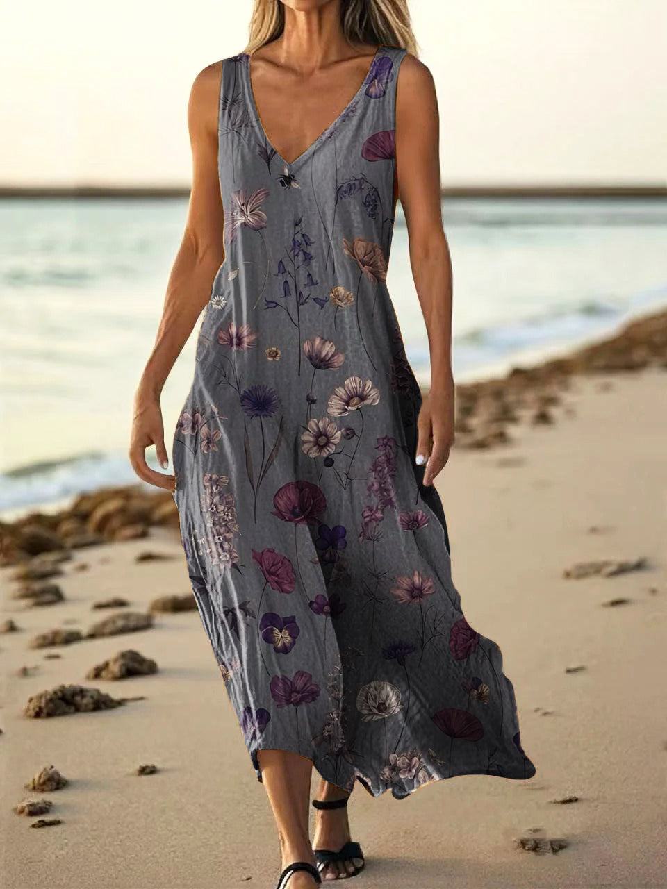 Women's Folk Art Floral Pattern Print V-Neck Sleeveless Cotton Pocket 