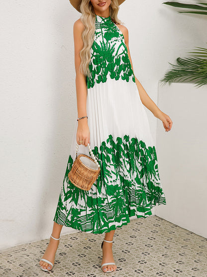 A-line Loose Hollow Pleated Printed Tied Mock Neck Midi Dresses