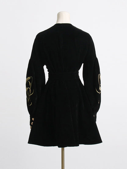 Loose Puff Sleeves Embroidered Tied Waist V-neck Mini Dresses
