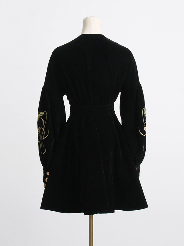 Loose Puff Sleeves Embroidered Tied Waist V-neck Mini Dresses