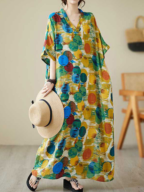 Batwing Sleeves Half Sleeves Contrast Color Polka-dot V-neck Maxi Dresses