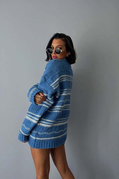 Thick Striped Knit Crew Neck Sweater