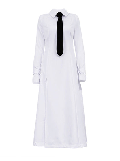 A-line Flared Sleeves Buttoned Color Split-joint Split-side Lapel Maxi Dresses Shirt Dress