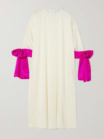 Loose Seven-quarter Sleeves Contrast Color Round-neck Midi Dresses