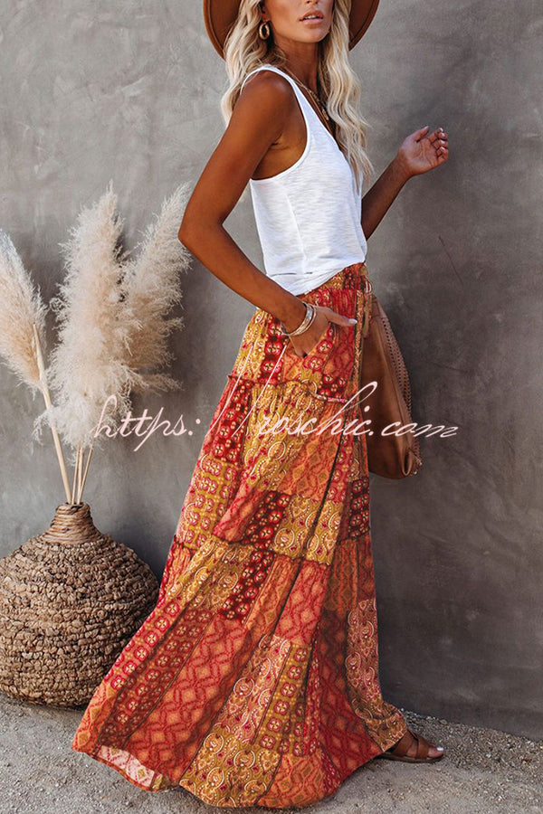 Print Stretch Elastic Waist Pocket High Waist Skirt