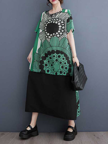 A-line Loose Flower Print Pockets Split-joint Round-neck Midi Dresses