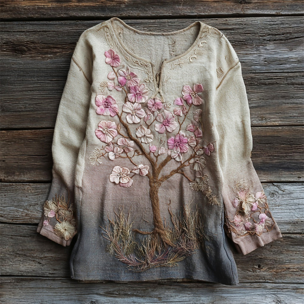 Vintage Floral Embroidery Women's Linen Long Sleeve Shirt elevenforest