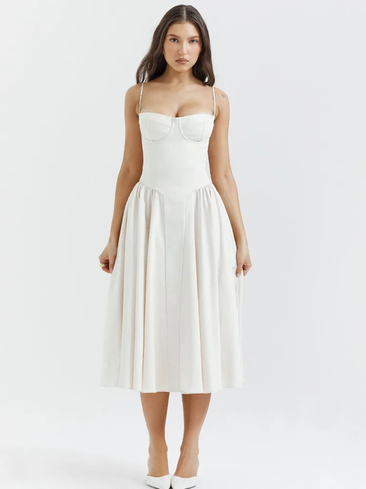 Spaghetti Strap Sleeveless A-line Midi Dress for Summer New Backless Pleated Slipdress Loose Dress