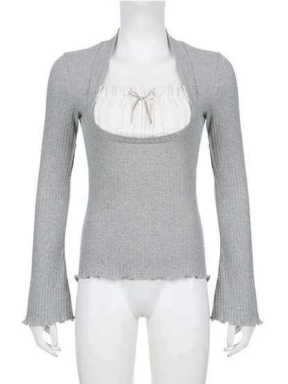 Y2k Lace Patchwork Fake Two Piece T-shirt Flare Long Sleeve Tops Spring Kawaii Clothes Korean Shirt