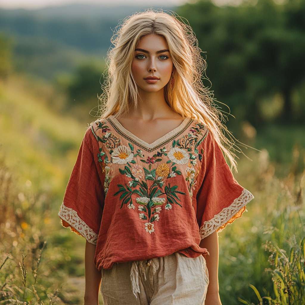 Vintage Bohemian Floral Gradient Cotton And Linen T-shirt elevenforest