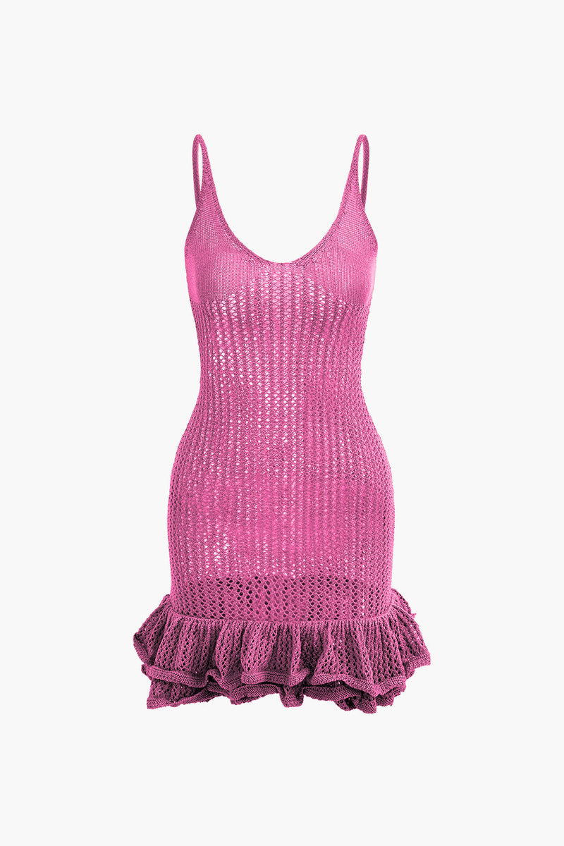 Color Open Knit Ruffle Hem Cami Mini Dress