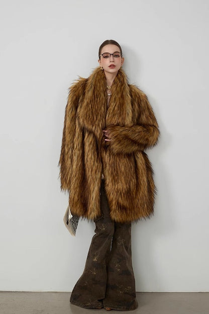 Plush Faux Animal Fur Loose Warm Mid-length Notch Collar Coat