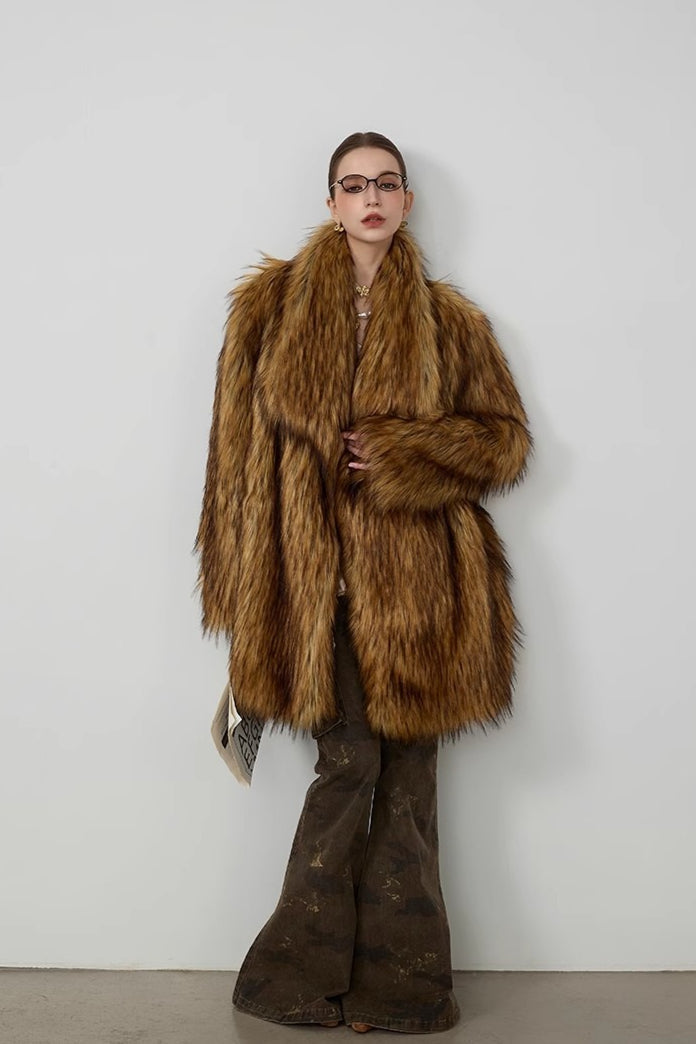 Plush Faux Animal Fur Loose Warm Mid-length Notch Collar Coat