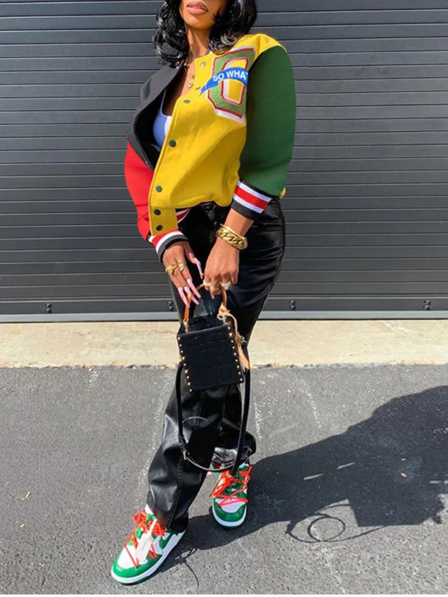 Letter Print Patchwork Varsity Jacket Appliques Round Neck Regular Fit Y2k Style Fall Coat
