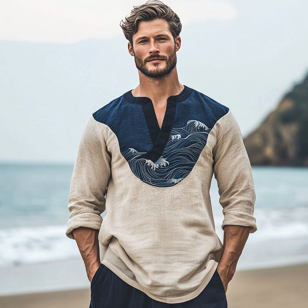 Men's Vintage Waves Patchwork Japanese Art Linen V-neck Shirt elevenforest