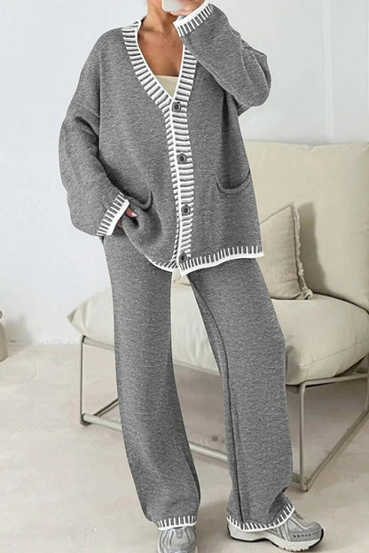 Knitted Long Sleeve Pocket Cardigan and Elastic Waist Loose Wide Leg Pants Set