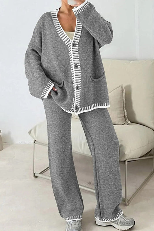 Knitted Long Sleeve Pocket Cardigan and Elastic Waist Loose Wide Leg Pants Set