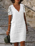 Cotton Linen Lace Casual Dress With Lace Collar