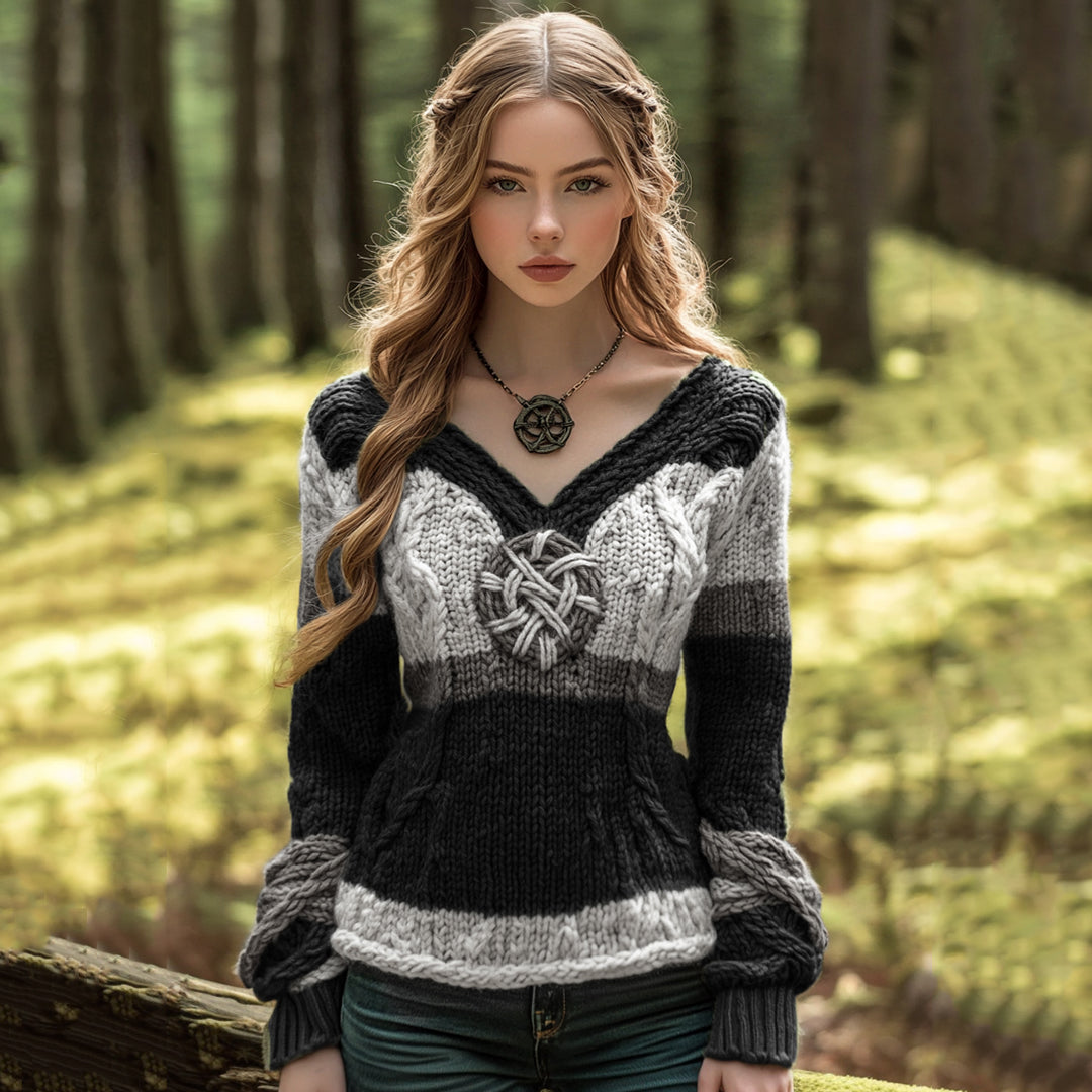 Vintage Contrast Jacquard V-neck Knit Sweater artswardrobe