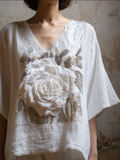 Bohemian Style Woman's V-neck White Rose Short-sleeved Shirt elevenforest