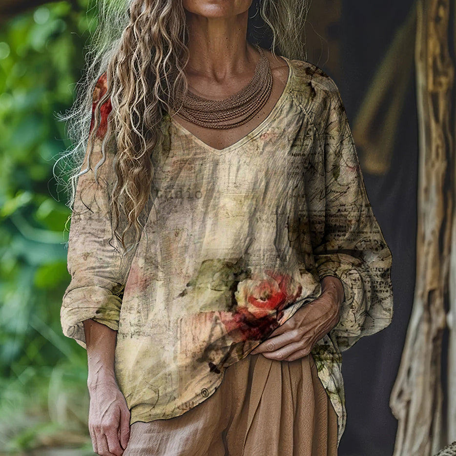 Vintage Floral Print V-neck Loose Linen Blend T-shirt elevenforest