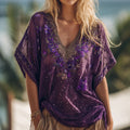 Women's Pansy Embroidered Sequined Holiday Short Sleeve T-shirt elevenforest