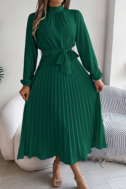 Stand-collar Long-sleeve Waisted Tie-up Pleated Midi Dress