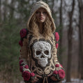 Comstylish Women Halloween Pink Vintage Pink Fairy Rose Skull Complex Crochet Hooded Sweater