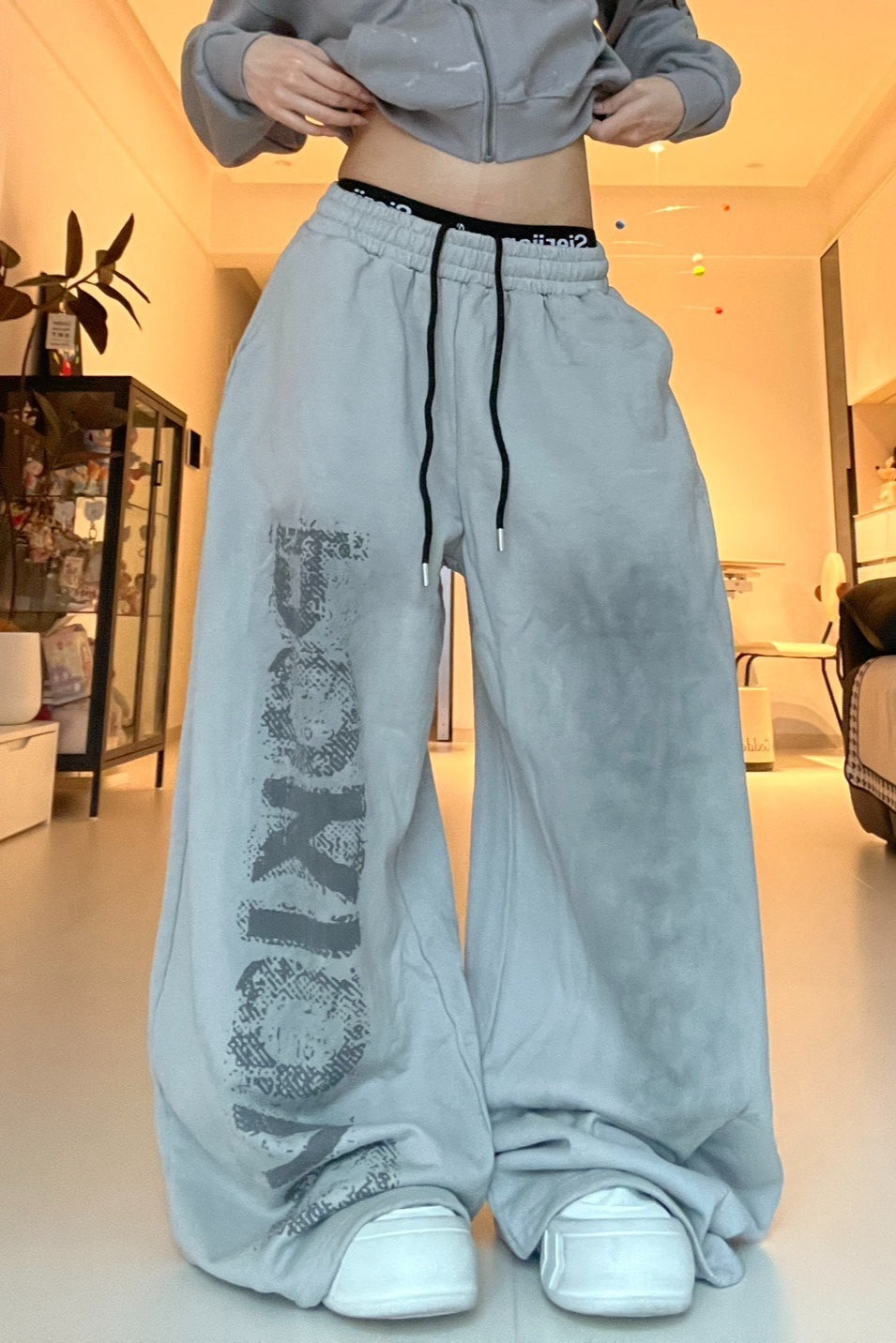 Letter Print Tie Wide Leg Sweat Pants