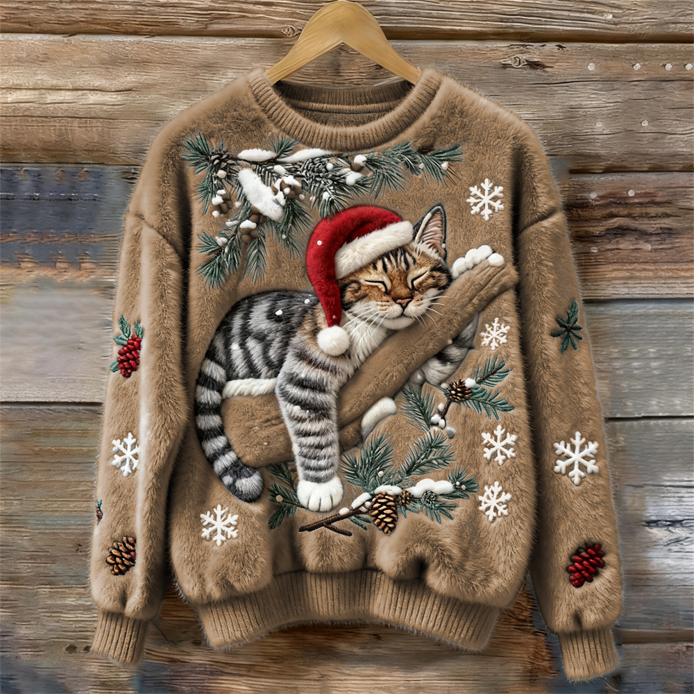 Comstylish Christmas Lazy Cat Art Women's Cozy Plush Sweater