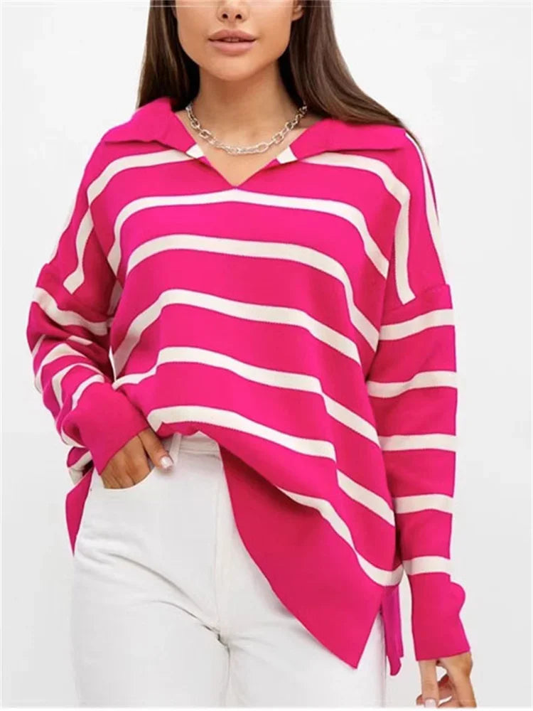 V-neck Knit Pullover for Striped Slim Long Sleeve Contrast Loose Sweater High Street Knitwear Pullover Top
