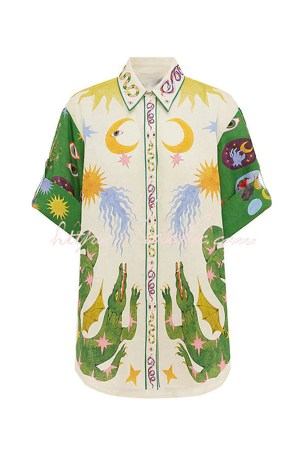 Days of Heaven Linen Blend Unique Print Blouse and Elastic Waist Pocketed Shorts Set