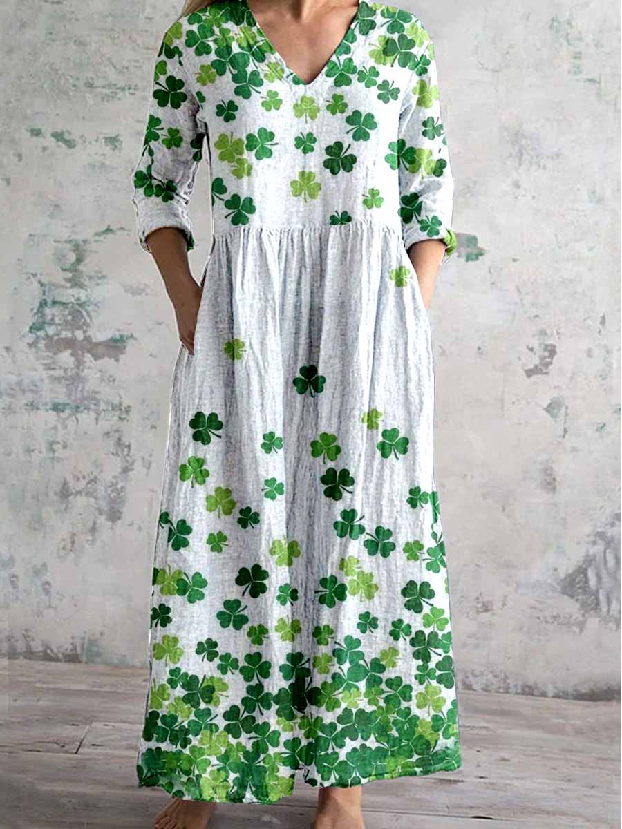 Women's V-Neck Clover PatternlPrint Pattern Cotton And Linen Dress