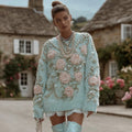 Comstylish Women's Vintage Bohemian Embroidered Pattern Knitted Crew Neck Sweater