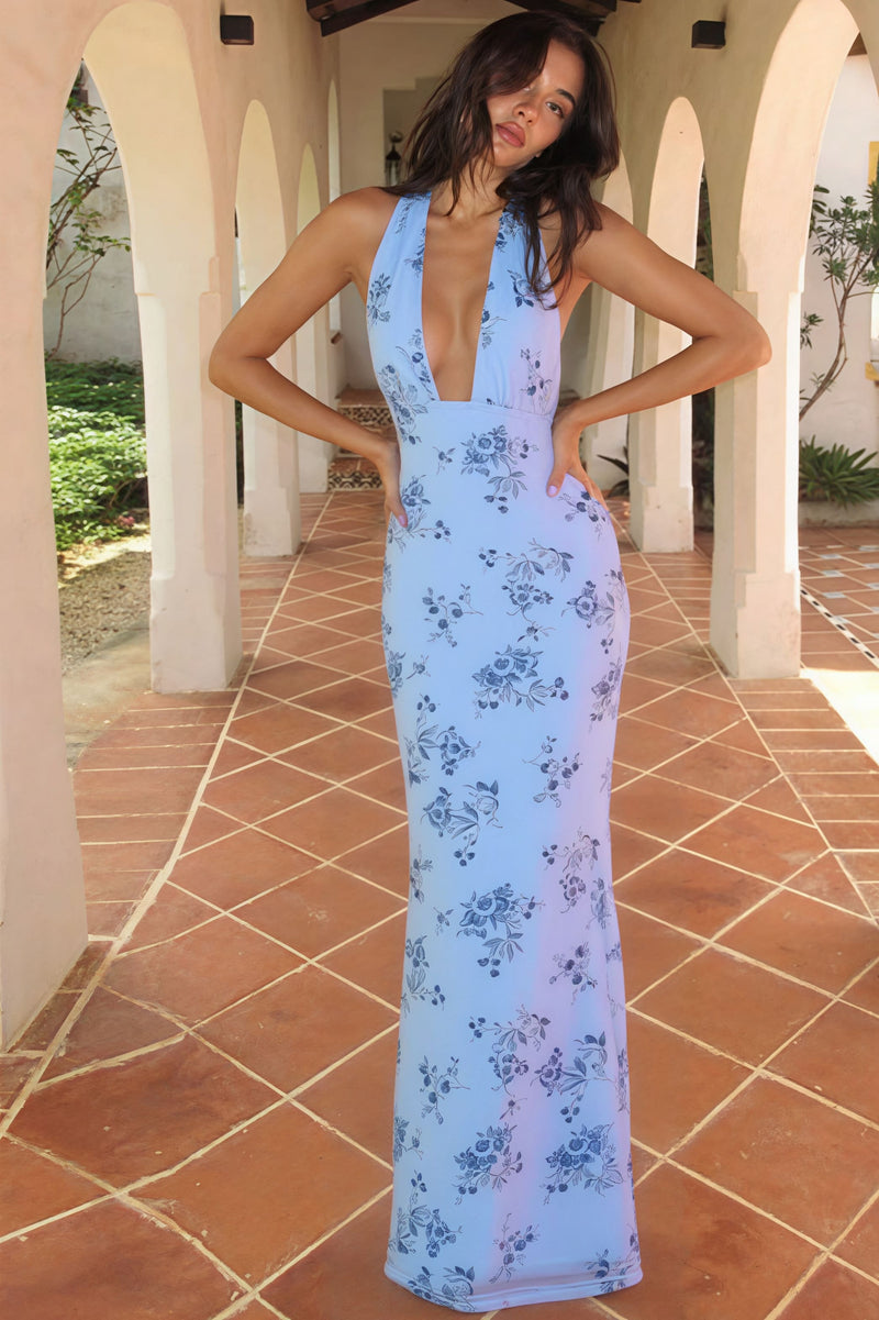 Print Deep V Backless Tie Fitted Maxi Dress