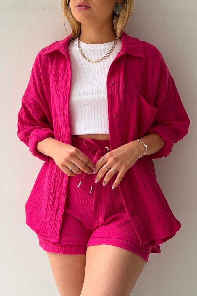 Textured Lapel Long Sleeve Top High Waist Shorts Set
