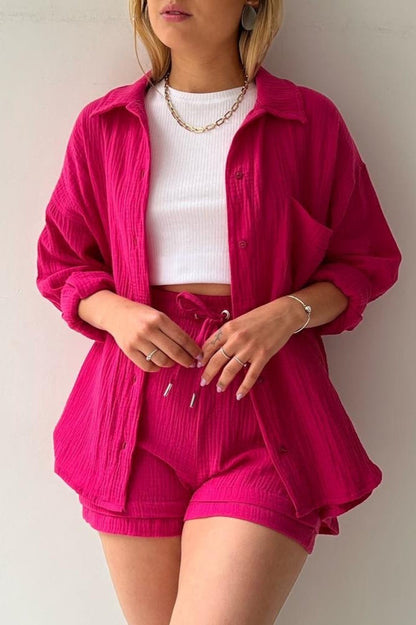 Textured Lapel Long Sleeve Top High Waist Shorts Set