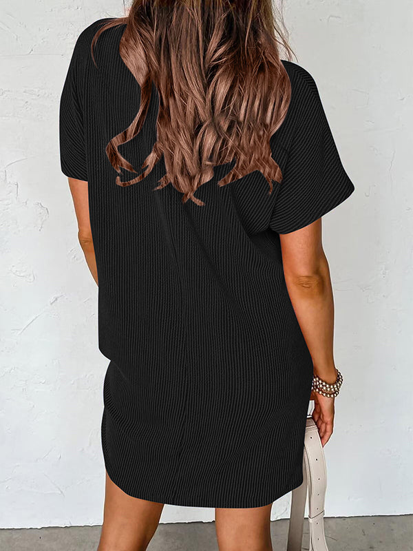 A-line Loose Contrast Color Pockets Split-joint Striped Round-neck Mini Dresses