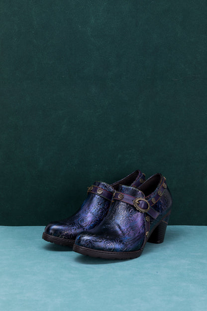 Soffia | Rose Embossed Relief Purple Leather Ankle Boot
