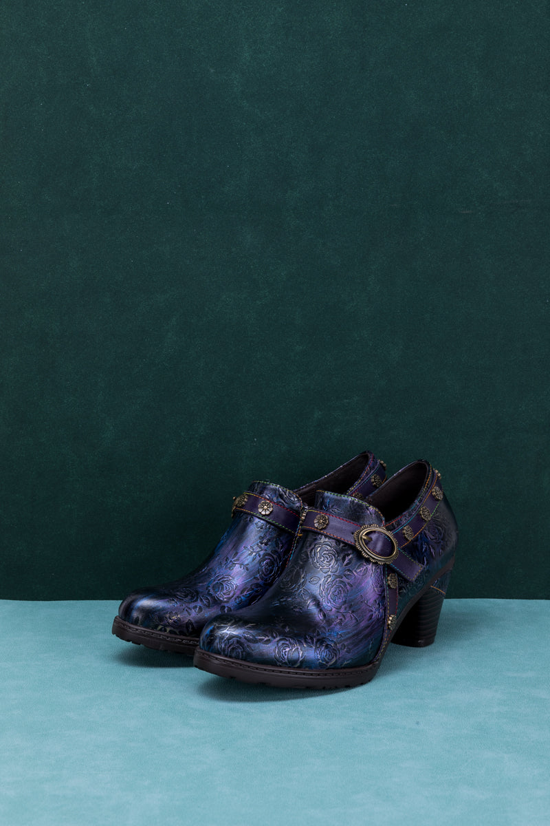 Soffia | Rose Embossed Relief Purple Leather Ankle Boot