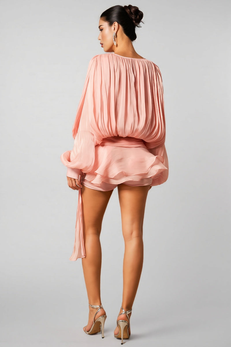 Niavia Pink Pleated Ruffle Hem Mini Dress